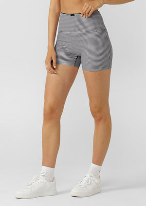 Lorna Jane Check On It 9cm Bike Shorts - Greyscale Gingham Print