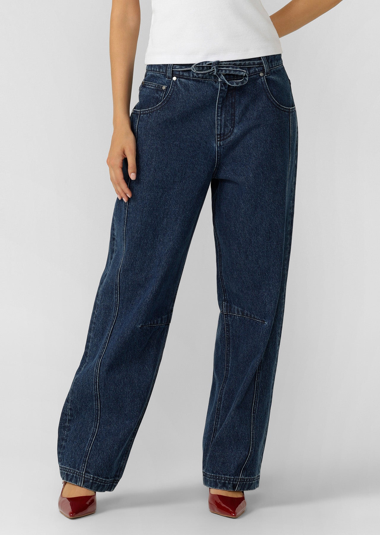Lorna Jane Off Duty Midrise Barrel Jeans - Dark Blue Washed Denim