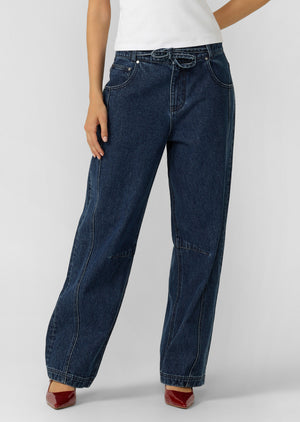 Lorna Jane Off Duty Midrise Barrel Jeans - Dark Blue Washed Denim