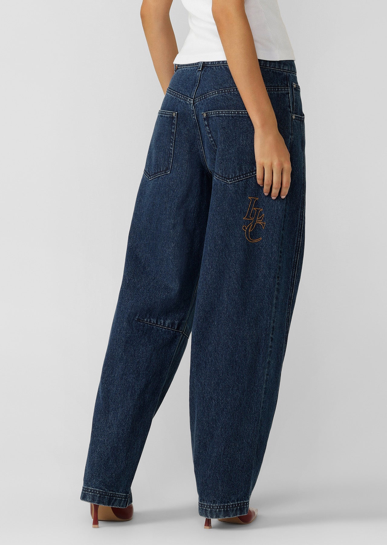 Lorna Jane Off Duty Midrise Barrel Jeans - Dark Blue Washed Denim