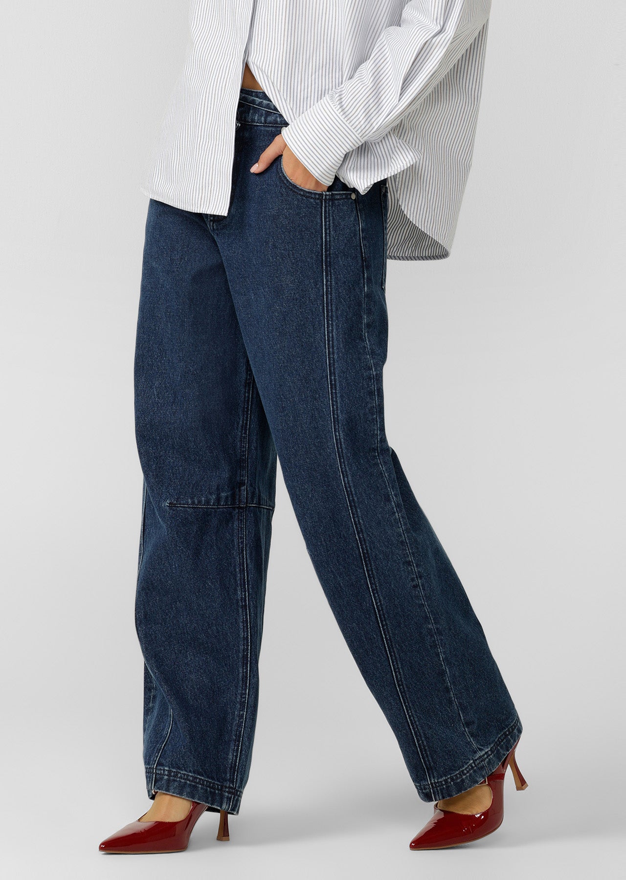 Lorna Jane Off Duty Midrise Barrel Jeans - Dark Blue Washed Denim