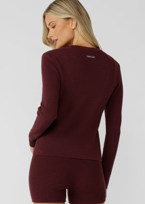 Lorna Jane Take It Easy Waffle Knit Long Sleeve Top - Cranberry