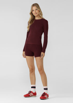 Lorna Jane Take It Easy Waffle Knit 7cm Cheeky Shorts - Cranberry