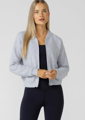 Lorna Jane Boucle Knit Bomber Jacket - Snowy Grey