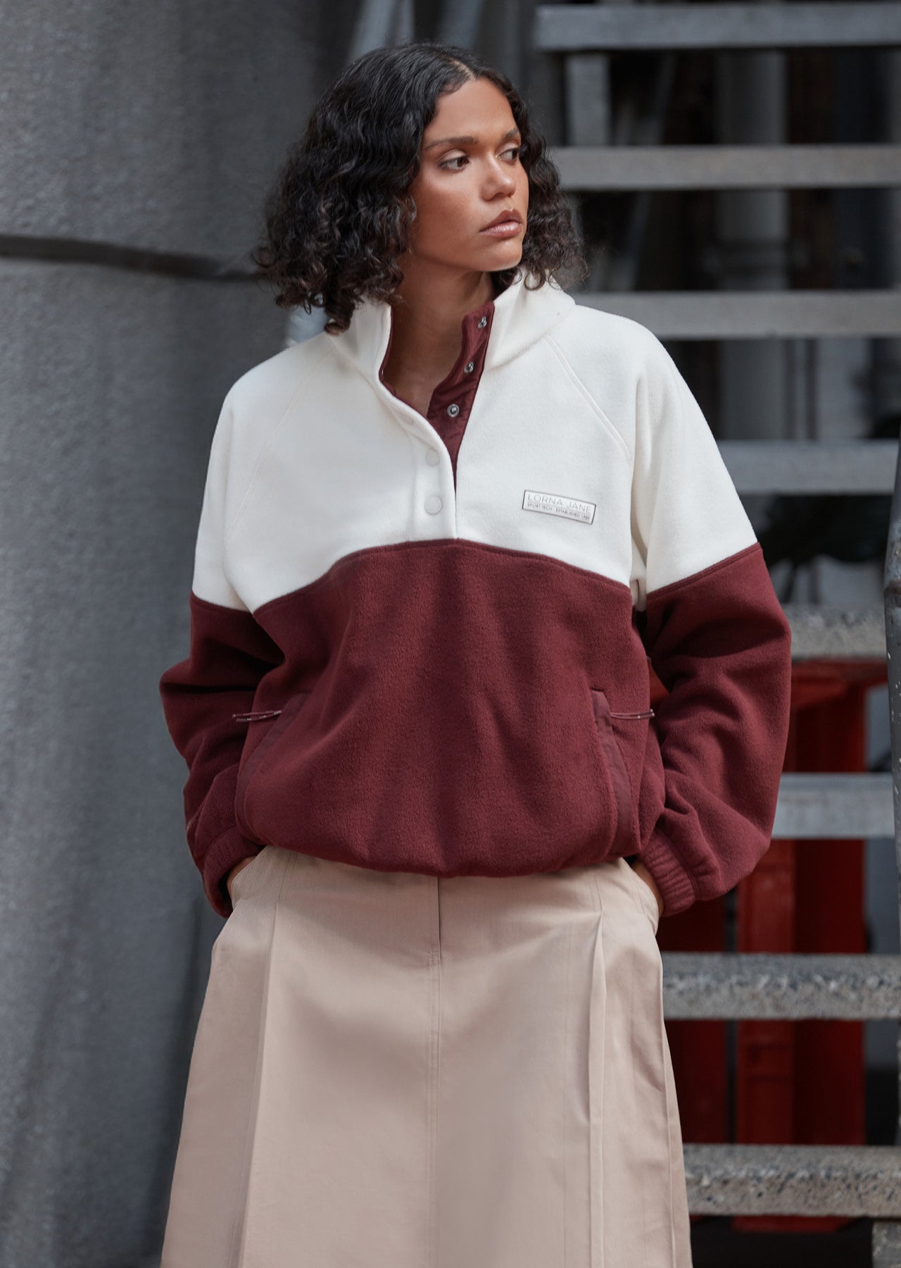 Lorna Jane Summit Polar Fleece Pullover - Dark Ruby & Cream