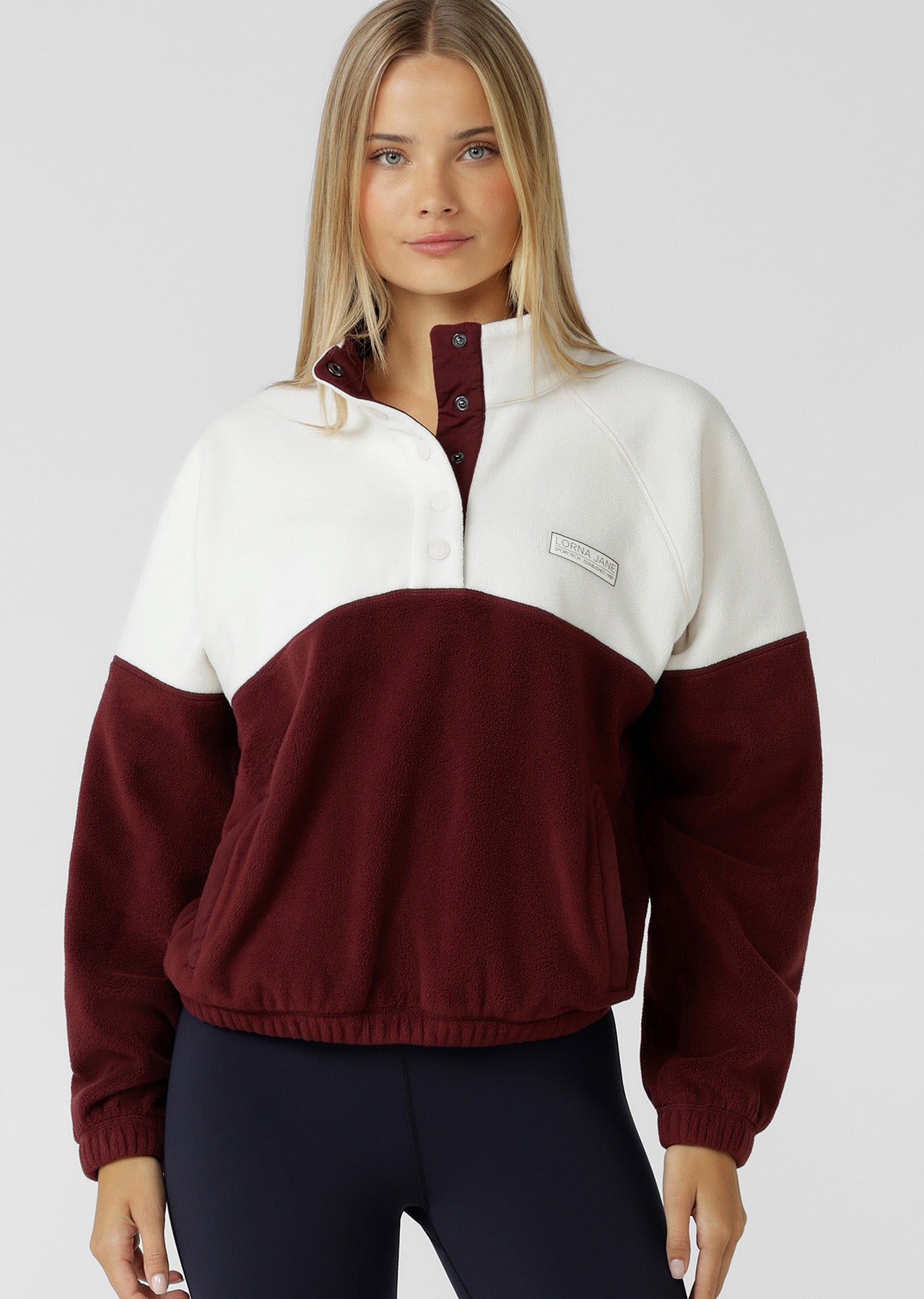 Lorna Jane Summit Polar Fleece Pullover - Dark Ruby & Cream