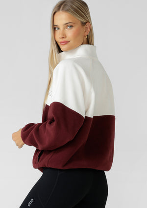 Lorna Jane Summit Polar Fleece Pullover - Dark Ruby & Cream