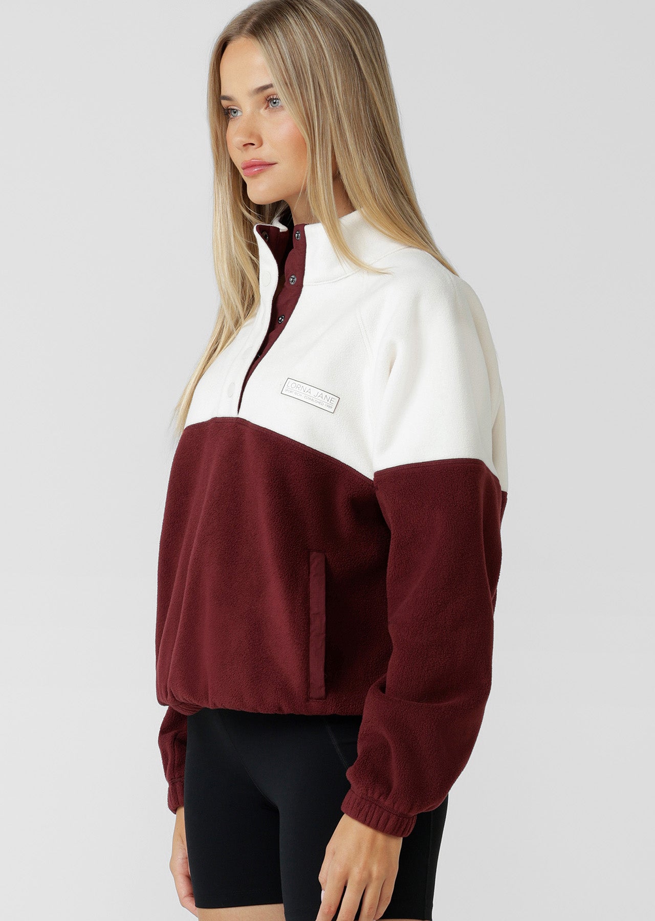 Lorna Jane Summit Polar Fleece Pullover - Dark Ruby & Cream