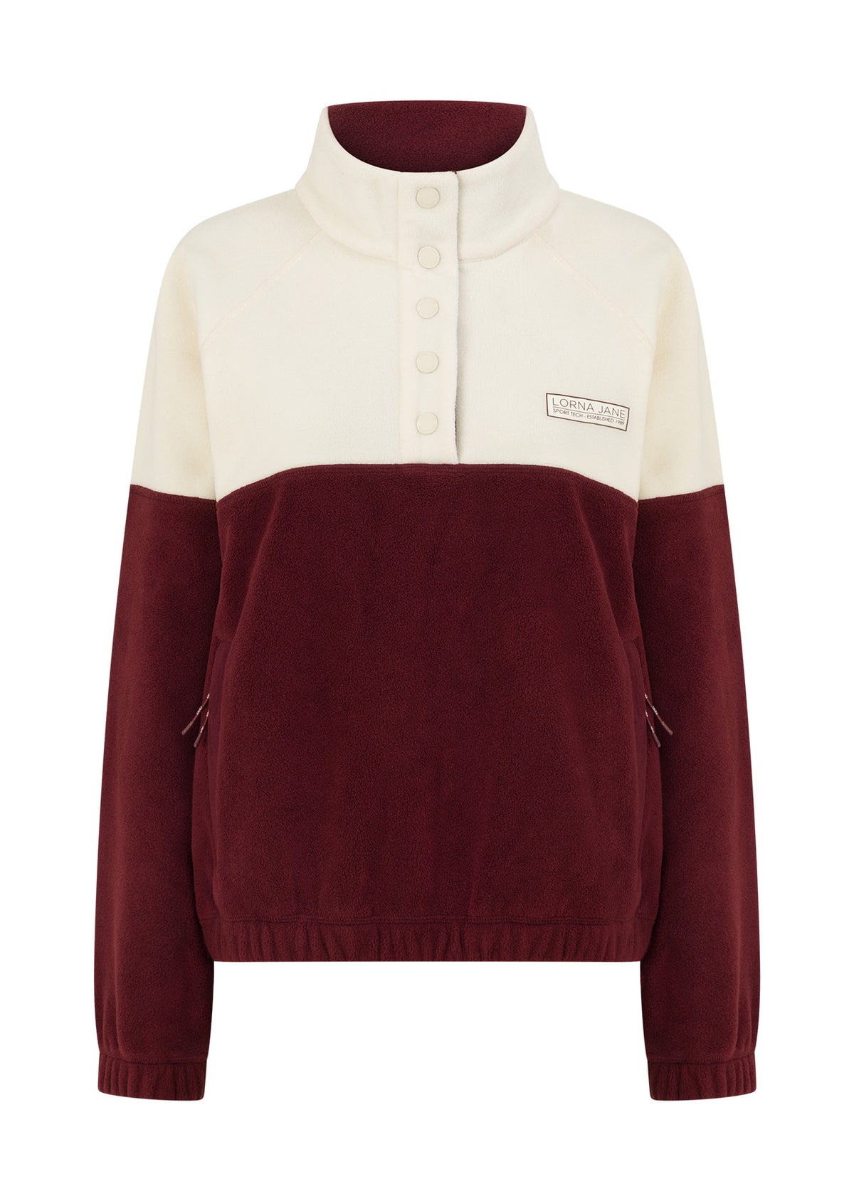 Lorna Jane Summit Polar Fleece Pullover - Dark Ruby & Cream