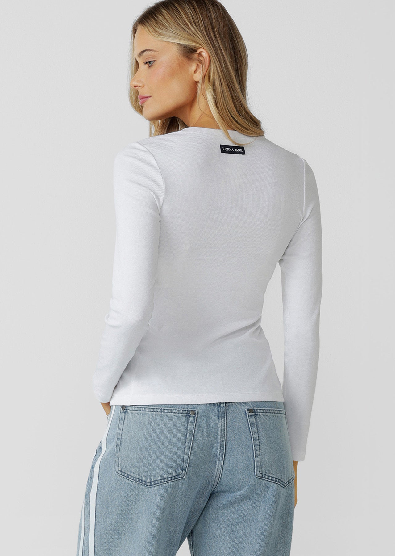Lorna Jane Retro Snap Button Long Sleeve Rib Top - White