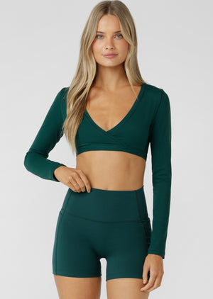 Lorna Jane Wrap It Up Long Sleeve Bra Top - Midnight Green