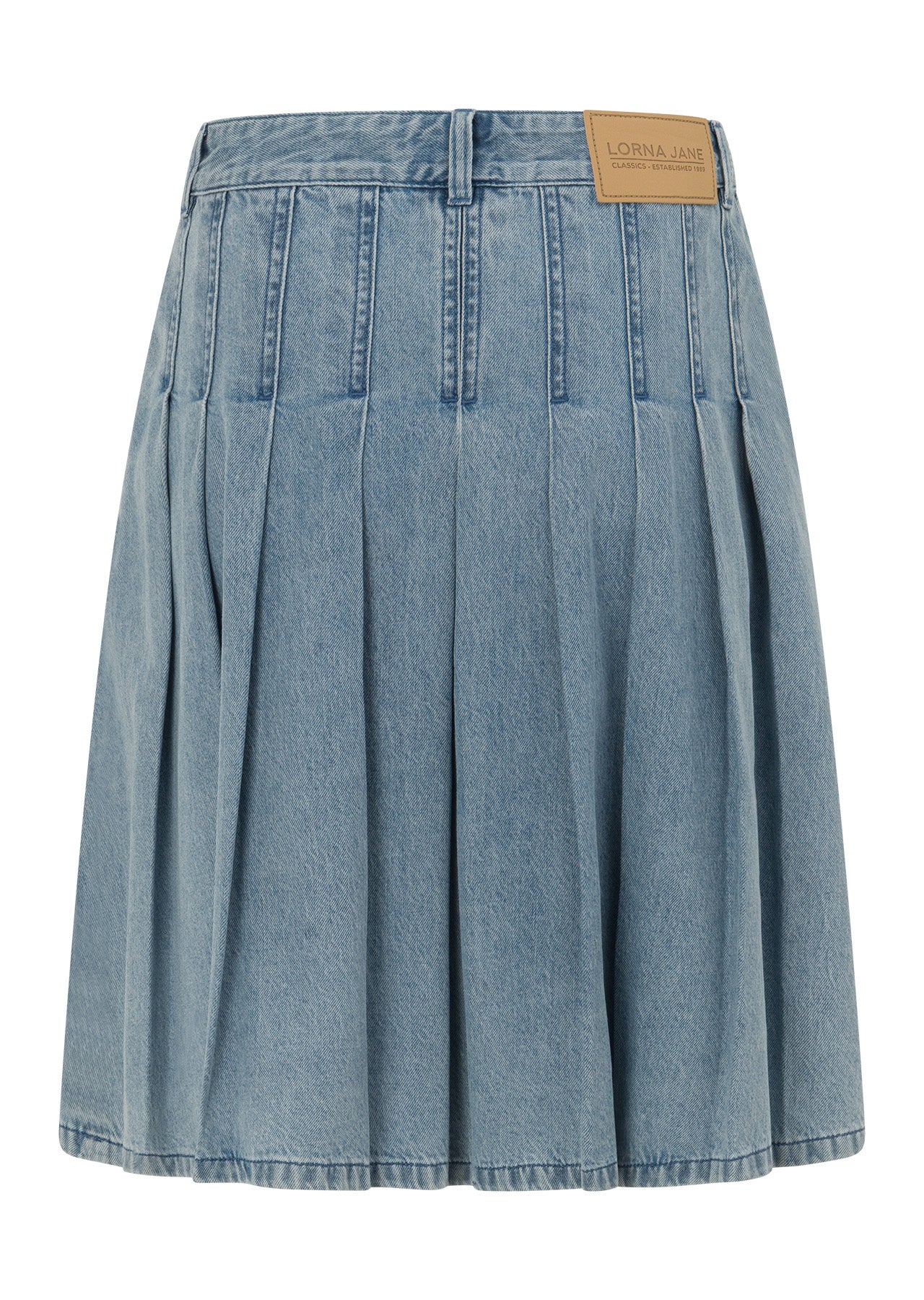 Lorna Jane Relay Denim Pleat Skirt - Light Blue Washed Denim