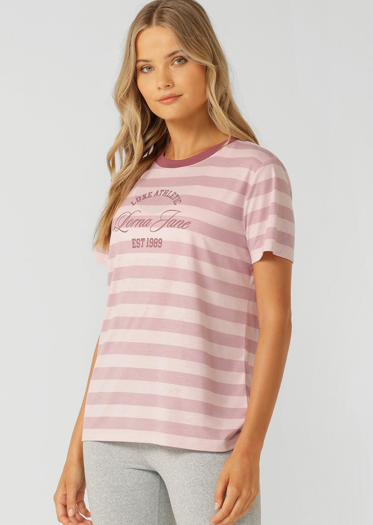 Lorna Jane Luxe Athletic Stripe T-Shirt - Pale Dusty Rose Stripe