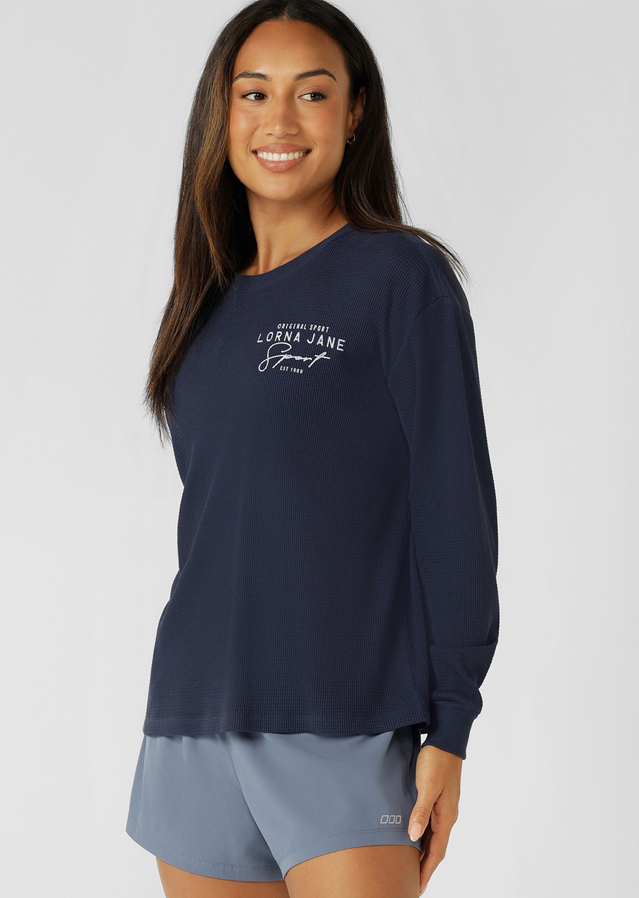 Lorna Jane Everyday Ease Waffle Long Sleeve T-Shirt - Platinum Navy