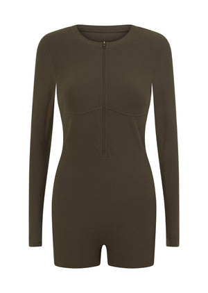 Lorna Jane Definition Luxe Rib Bodysuit - Dark Khaki Haze