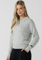 Lorna Jane Feeling Fine Knit Polo Top - Grey Marl