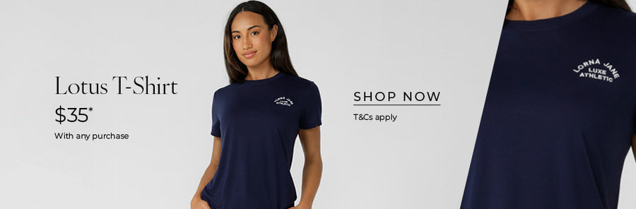Women wearing navy Lotus T-Shirt. Text: Lotus T-shirt. $35 with any purchase. Shop Now. T&Cs apply. 
