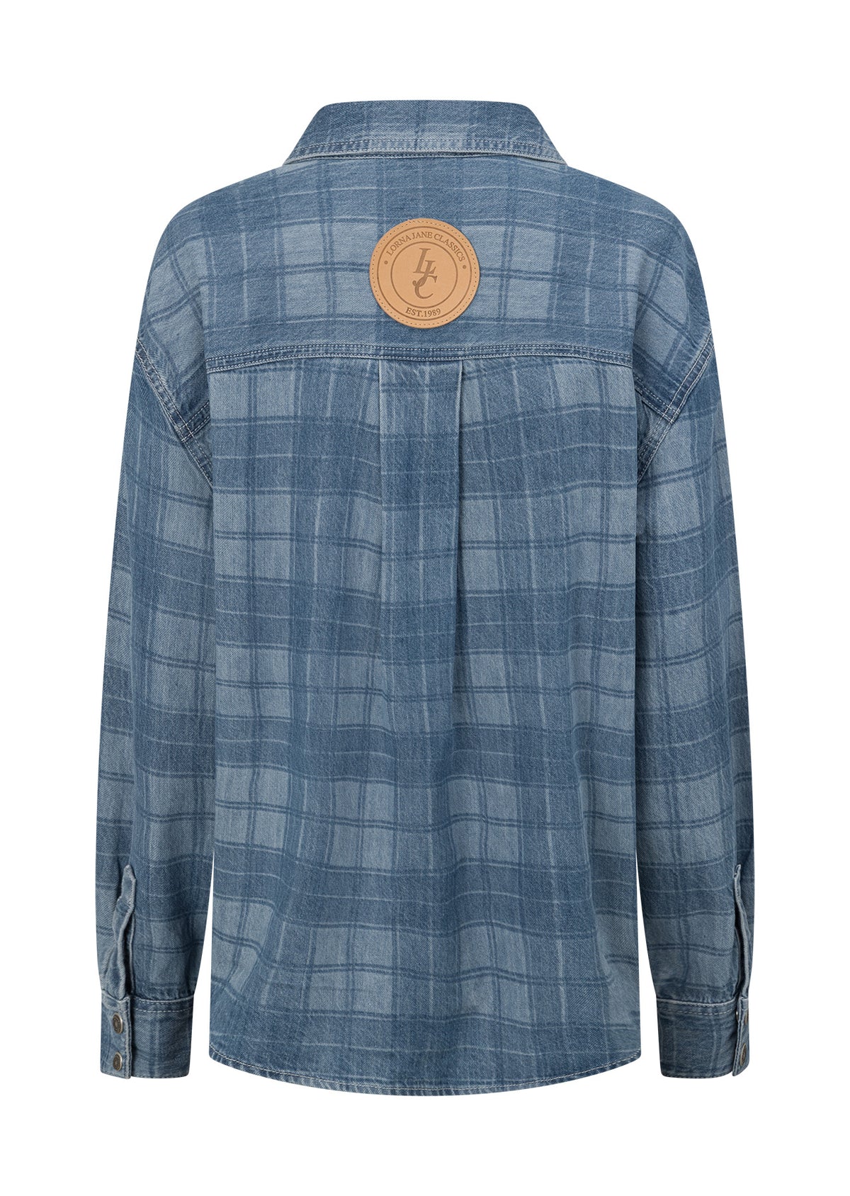 Lorna Jane Off Duty Burnout Check Denim Shirt - Washed Denim Check