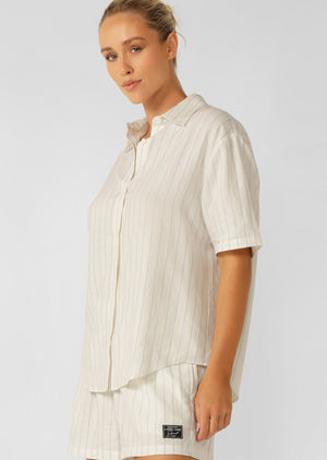 Lorna Jane Preset Stripe Linen Short Sleeve Shirt - Oxford Blue Stripe