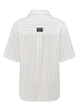 Lorna Jane Preset Stripe Linen Short Sleeve Shirt - Oxford Blue Stripe