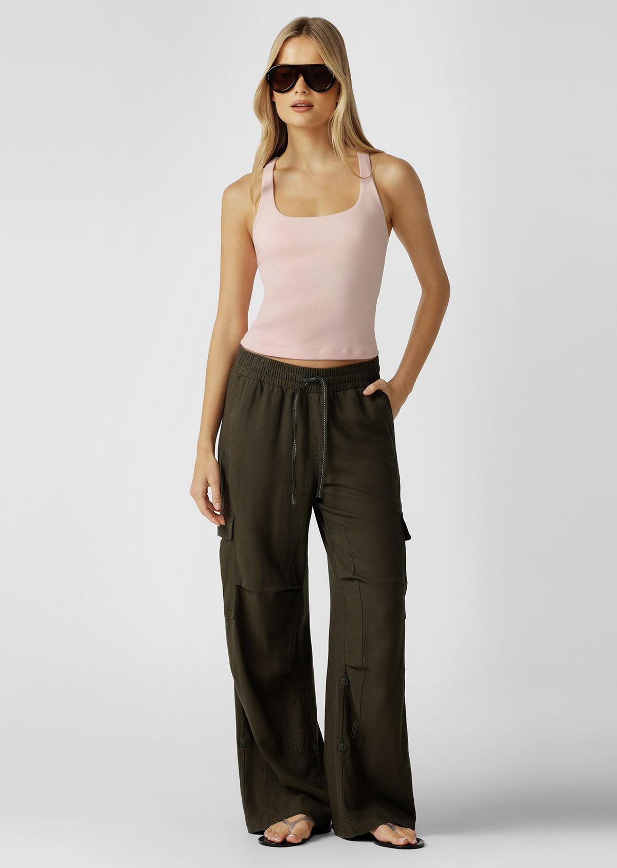 Lorna Jane Linen Flashdance Wide Leg Cargo Pants - Dark Khaki Haze