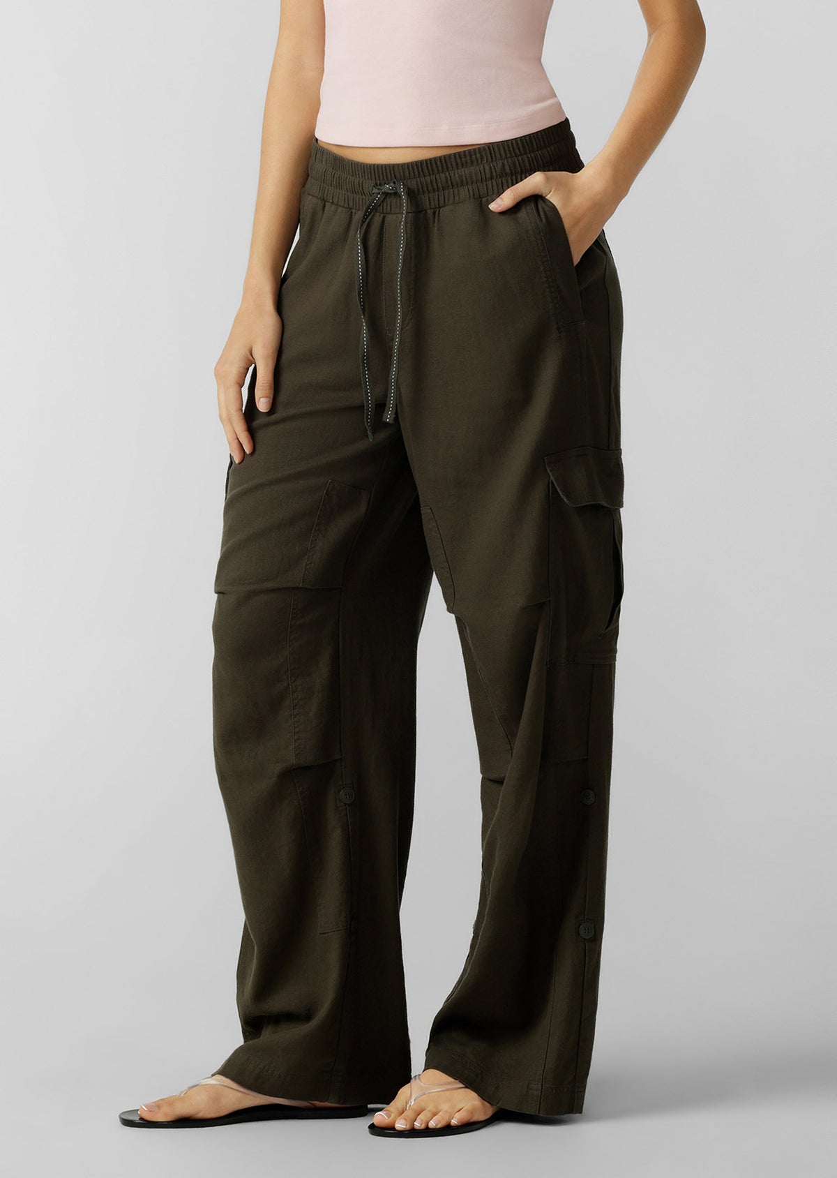 Lorna Jane Linen Flashdance Wide Leg Cargo Pants - Dark Khaki Haze