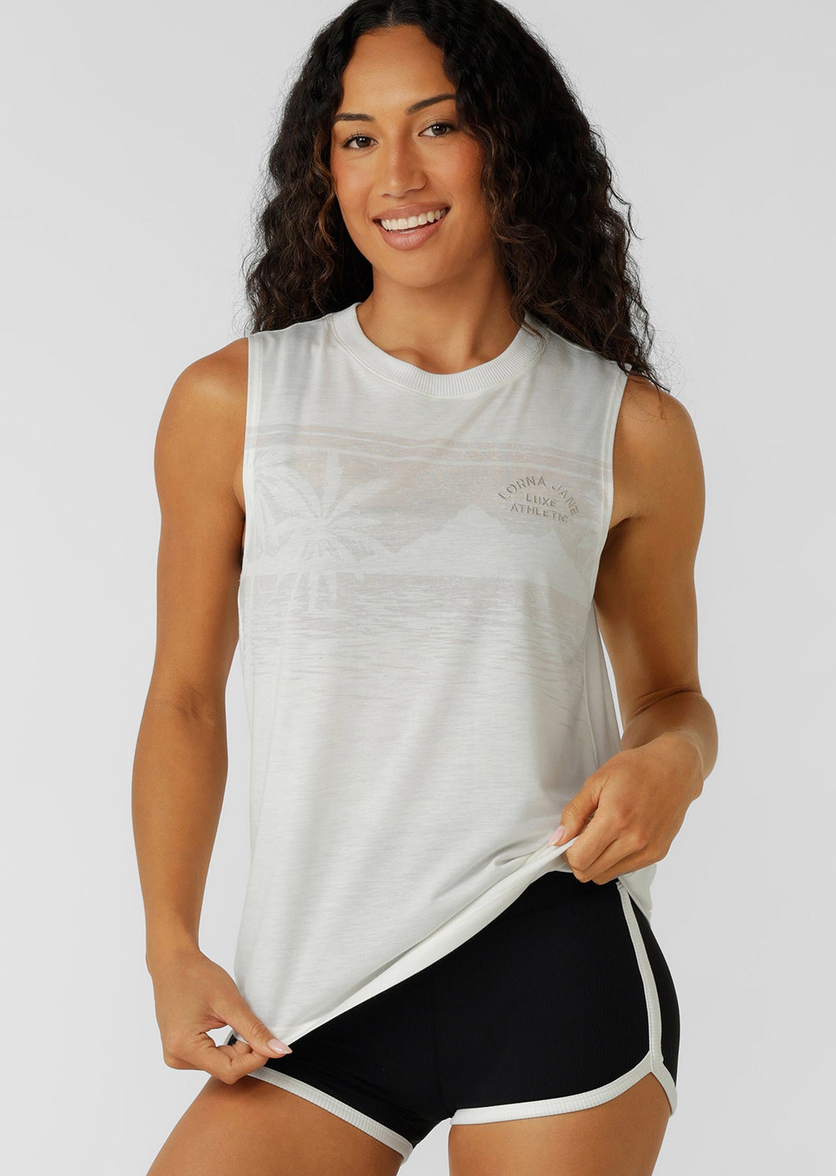 Lorna Jane Lotus Palm Print Muscle Tank - Porcelain