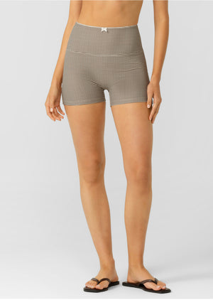 Lorna Jane Dream Maker Gingham 9cm Bike Shorts - Mocha Gingham Print