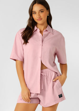 Lorna Jane Preset Linen Short Sleeve Shirt - Dusty Rose