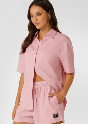 Lorna Jane Preset Linen Short Sleeve Shirt - Dusty Rose