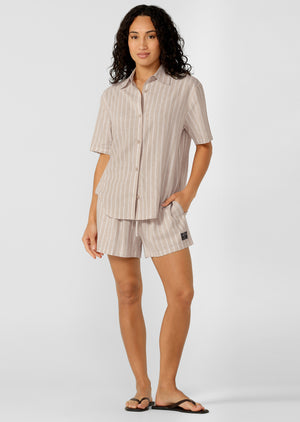 Lorna Jane Preset Stripe Linen Short Sleeve Shirt - Latte Stripe