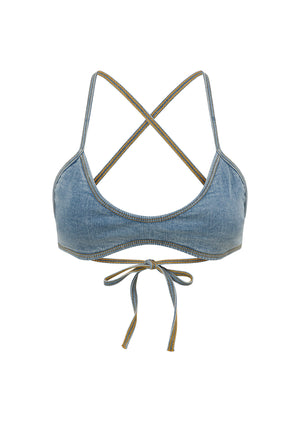 Lorna Jane Sundays Washed Denim Bralette - Washed Light Blue