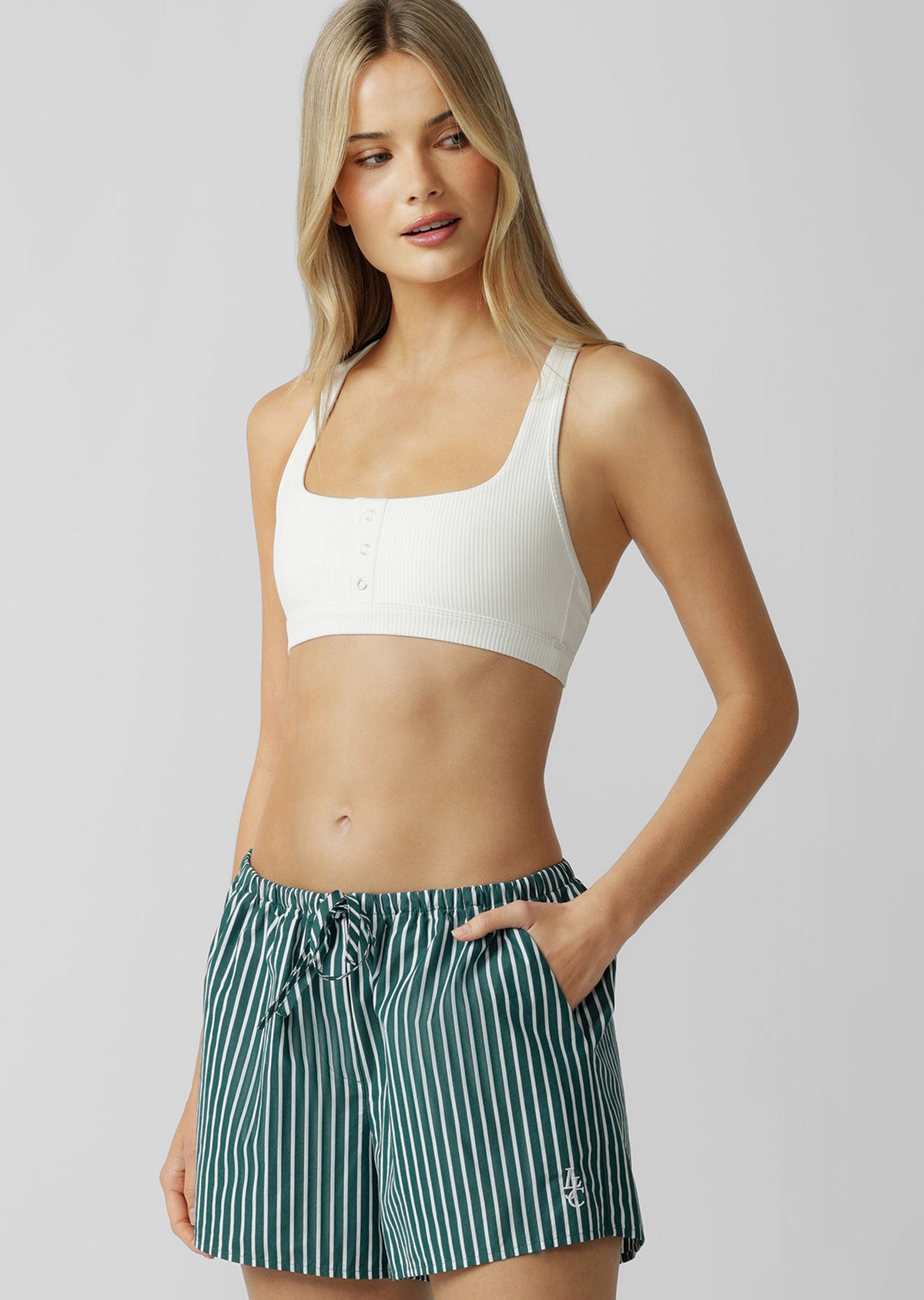 Lorna Jane Button Down Rib Sports Bra - Porcelain