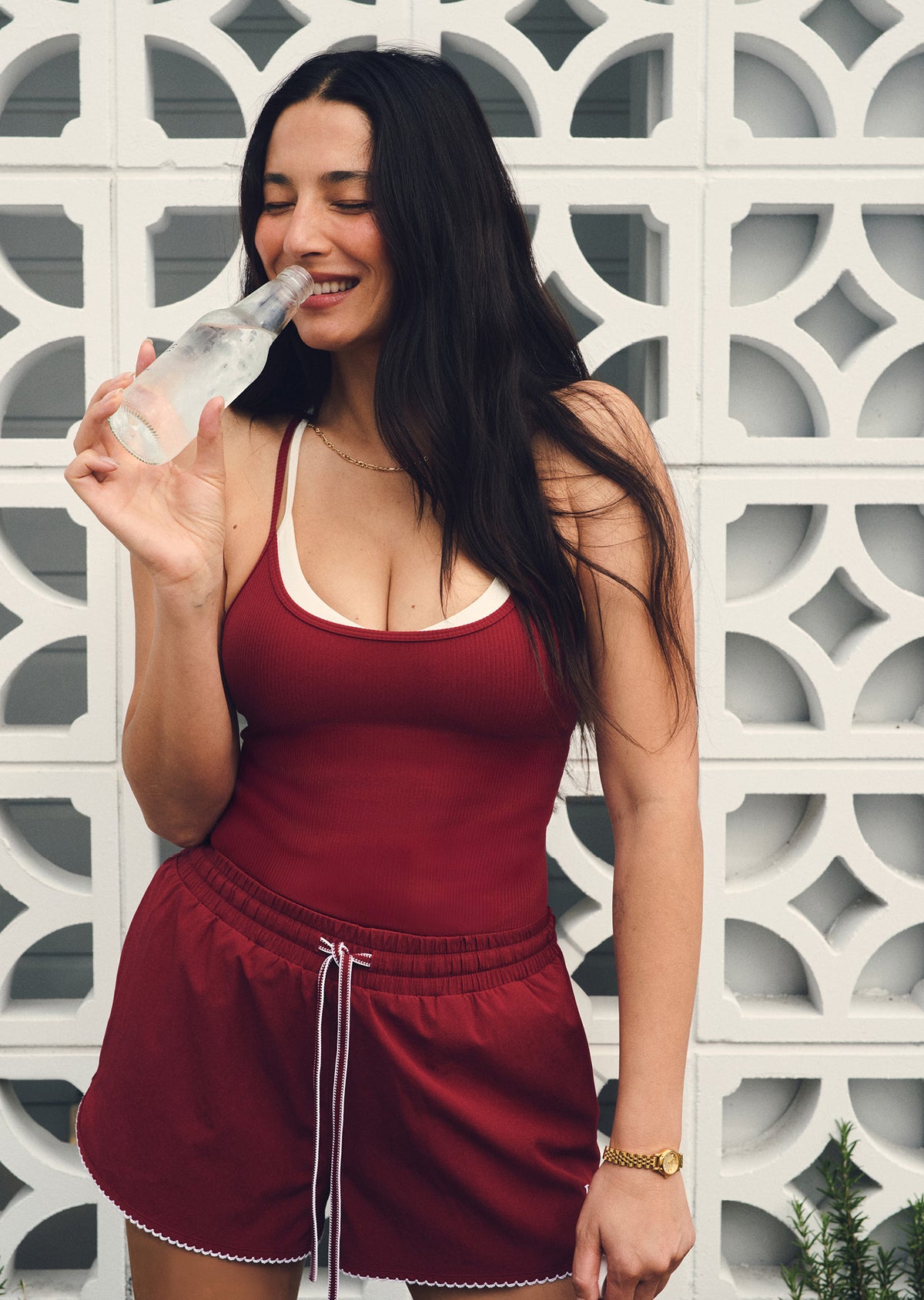 Lorna Jane Layered Look Rib Bra Tank Combo - Cherry