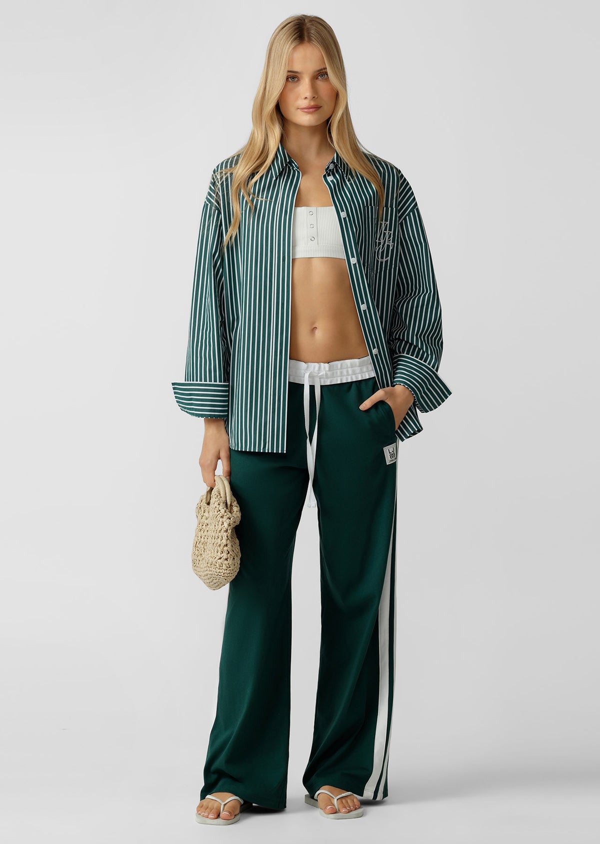 Lorna Jane LJC Oxford Club Long Sleeve Shirt - Palmetto Green Stripe