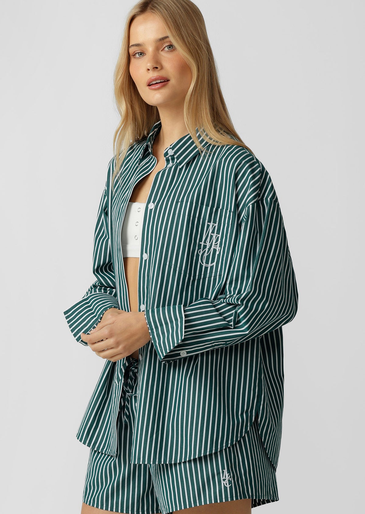 Lorna Jane LJC Oxford Club Long Sleeve Shirt - Palmetto Green Stripe