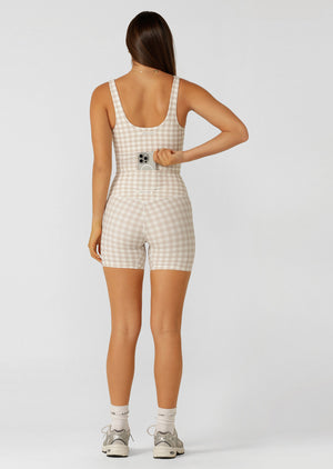 Lorna Jane Sweet Gingham 14cm Bike Shorts - Latte Ranch Gingham Print