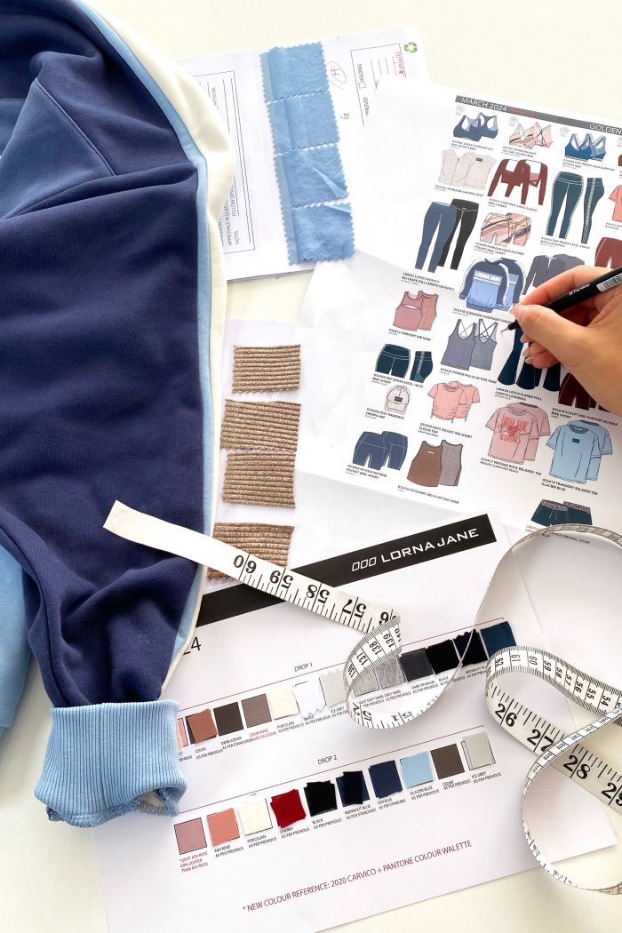Photo of Lorna Jane activewear designs, including a blue sweater