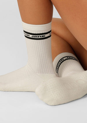 Lorna Jane Pilates Grip Crew Socks - Porcelain/ Black