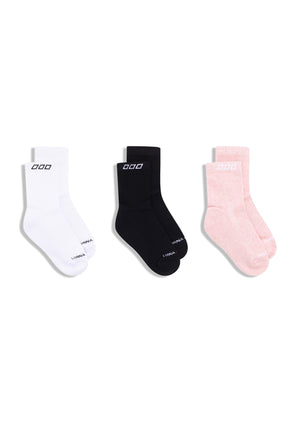 Lorna Jane 3PK LJ Quarter Crew Socks - Wisteria Pink Marl & Black & White