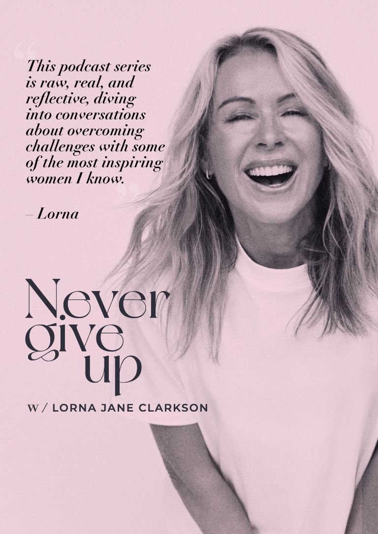 Lorna Jane Clarkson laughing in a white tee against a soft pink background, beside a quote about the 