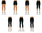 Comparison of different lengths of black leggings on a white background