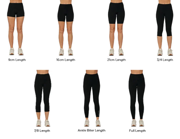 Comparison of different lengths of black leggings on a white background