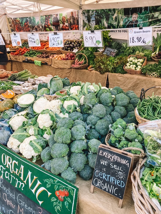 a variety of fresh organic vegetables on a table at a farmers market including broccoli, cauliflower, beans