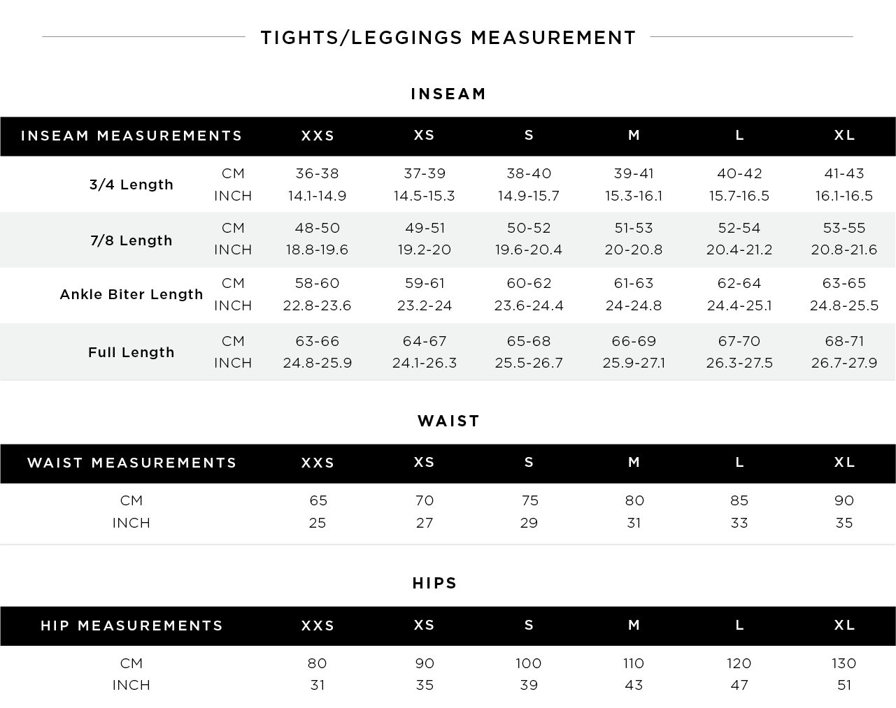nike tights size chart
