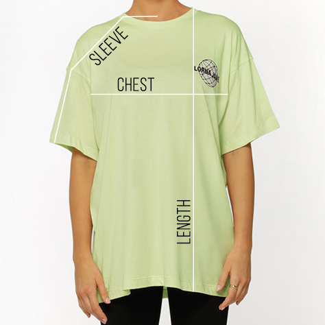 lorna jane yellow oversized tee on woman showing measurement lines for size guide reference